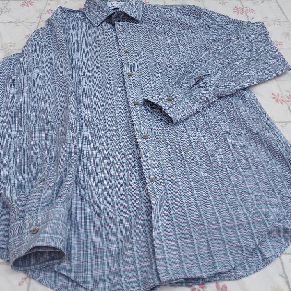 Calvin Klein Button Up Longsleeves Plaid Slim Fit 4-way Stretch Men's Shirt.15-1